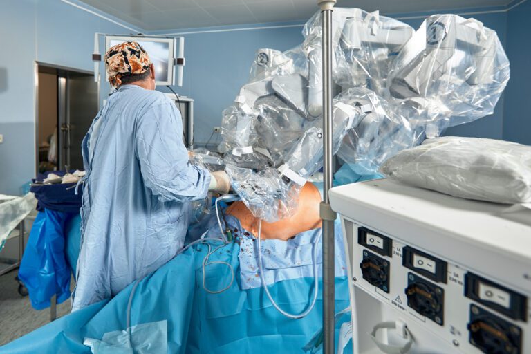 Surgical system with minimally invasive robot in a hospital. Robotic technological equipment, manipulator surgeon in a futuristic operating room