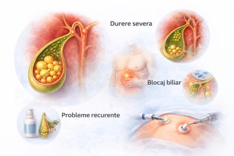 Ilustratie colecist cu pietre biliare evidentiind indicatia de interventie chirurgicala