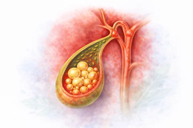 Ilustratie medicala colecist inflamat cu multiple pietre biliare si reactie inflamatorie