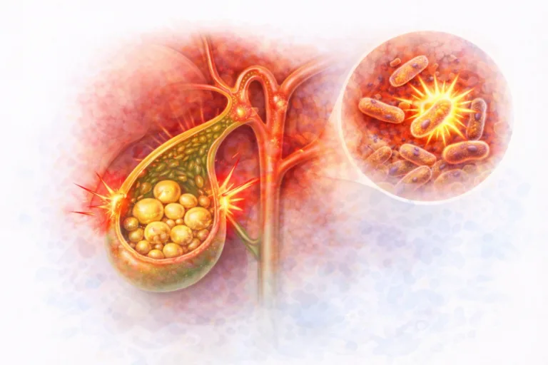 Ilustratie medicala colecist inflamat cu pietre biliare si reactie inflamatorie acuta