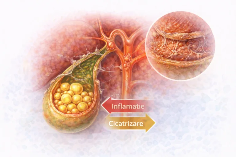 Ilustratie medicala colecist cu perete ingrosat si pietre biliare sugestiv pentru colecistita cronica