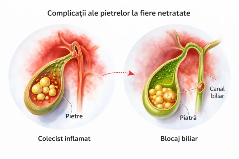Ilustratie medicala colecist cu pietre si blocaj al canalului biliar fara interventie