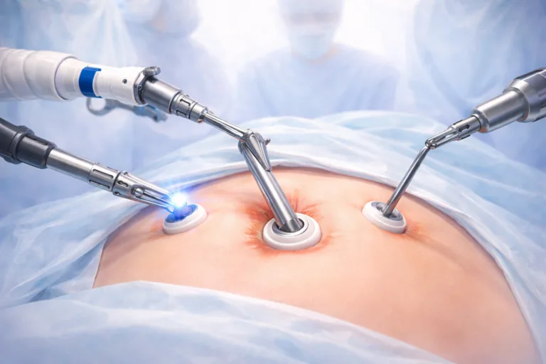 Interventie laparoscopica la nivel abdominal cu instrumente minim invazive pentru colecistectomie