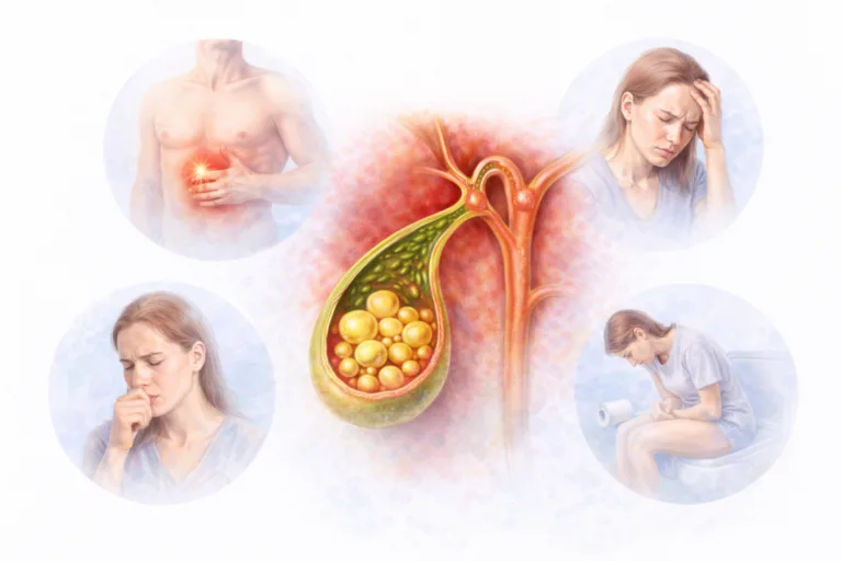 Ilustratie colecist cu pietre biliare evidentiind simptomele asociate fara persoane