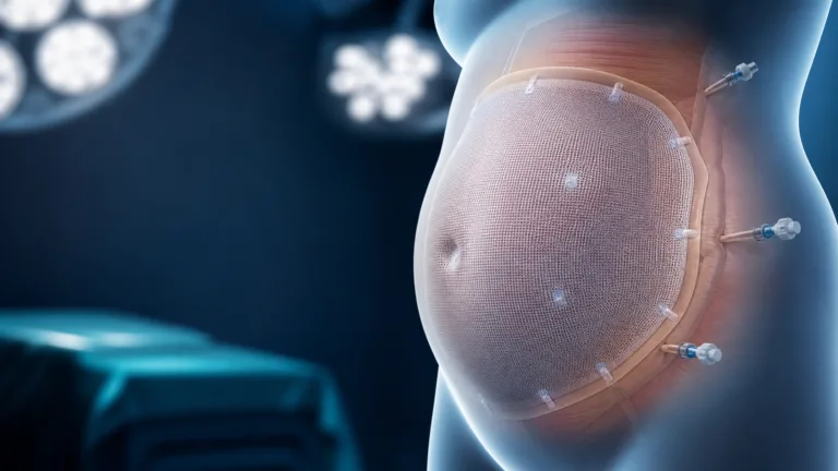 Ilustrație medicală a curei unei eventrații postoperatorii gigante cu plasă compozită Ventralight