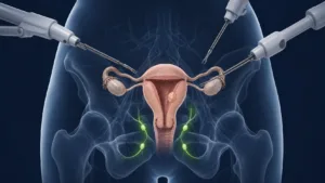 Ilustrație medicală a histerectomiei robotice pentru cancer de endometru cu ganglioni santinelă