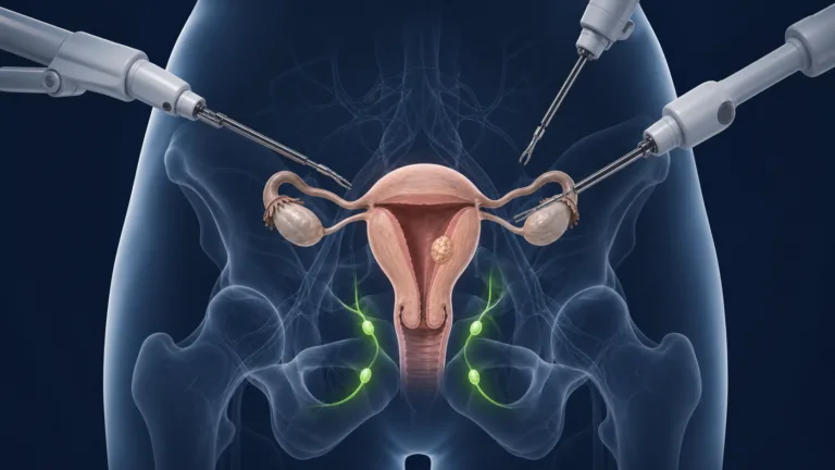 Ilustrație medicală a histerectomiei robotice pentru cancer de endometru cu ganglioni santinelă